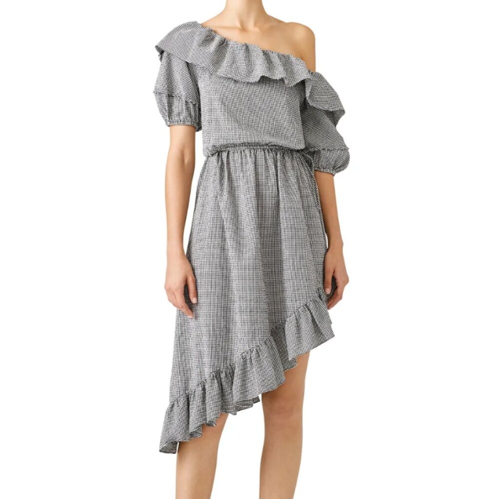 LoveShackFancy Haley Gingham Dress Asymmetrical Ruffle Size Small